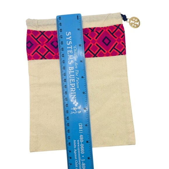 Tory Burch Drawstring Cotton Bag With Pink & Navy Geometric Design 8x6 Inches - Picture 2 of 4